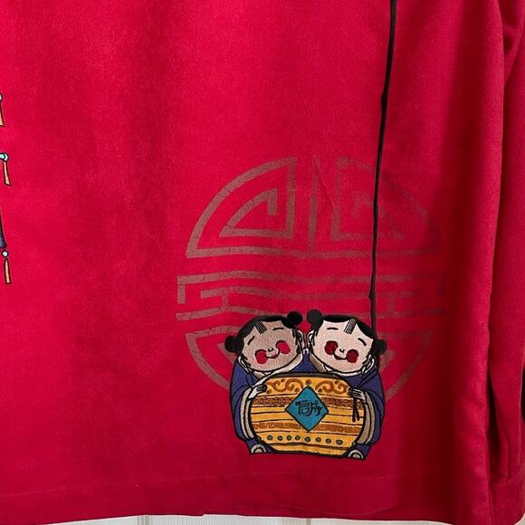 Chico’s Red Button Up Top Sz M Embroidered Asian Inspired Long Sleees Whimsical - Picture 8 of 12